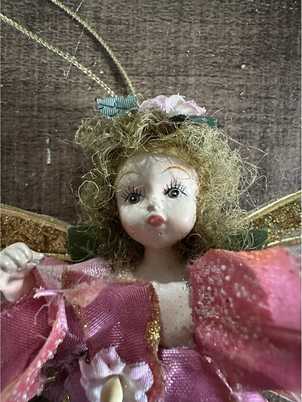 Vintage Pink Fairy Angel Christmas Ornament Porcelain Face Gold Glitter Wings